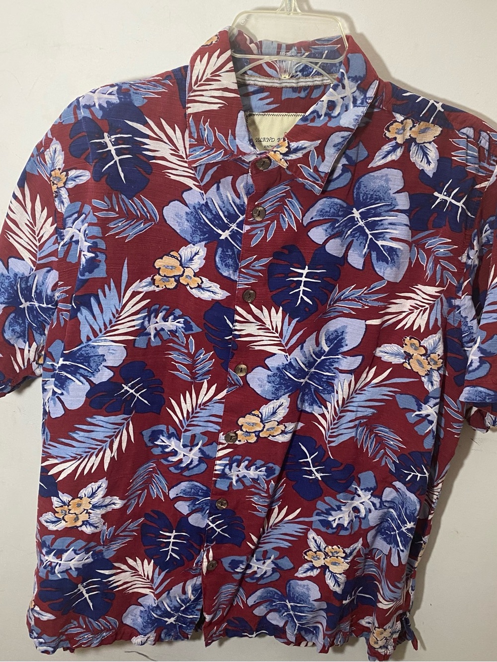 Island Republic Men's Red Floral Button-Down Shirt with Blue Print